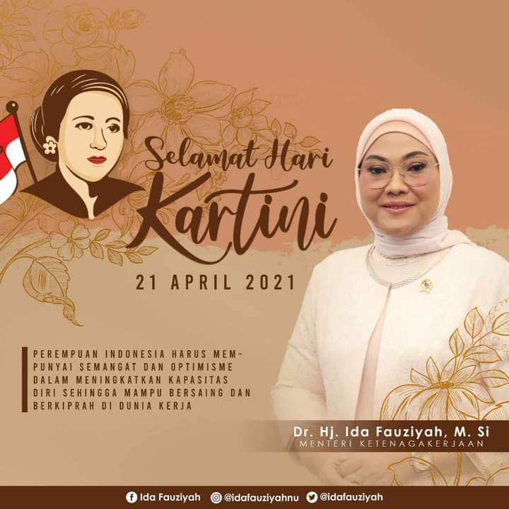 Poster digital ucapan Selamat Hari Kartini 2021 dari Menteri Ketenagakerjaan (Menaker) Ida Fauziyah, Rabu (21/4/2021). | Facebook/Ida Fauziyah