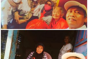 BAKSOS KEENAM DI KAMPUNG PELANGI -- Ekspresi bahagia Mbah Narti (94), kelayan salah satu warga bilangan Kampung Pelangi, Kelurahan Sukarame II, Telukbetung Barat, Bandarlampung, menerima paket sembako donasi program Ramadan Peduli Ramadan Berbagi 1442H DPD PBL Lampung, Sabtu petang (1/5/2021). | Kolase foto Collage Maker/DPD PBL Lampung