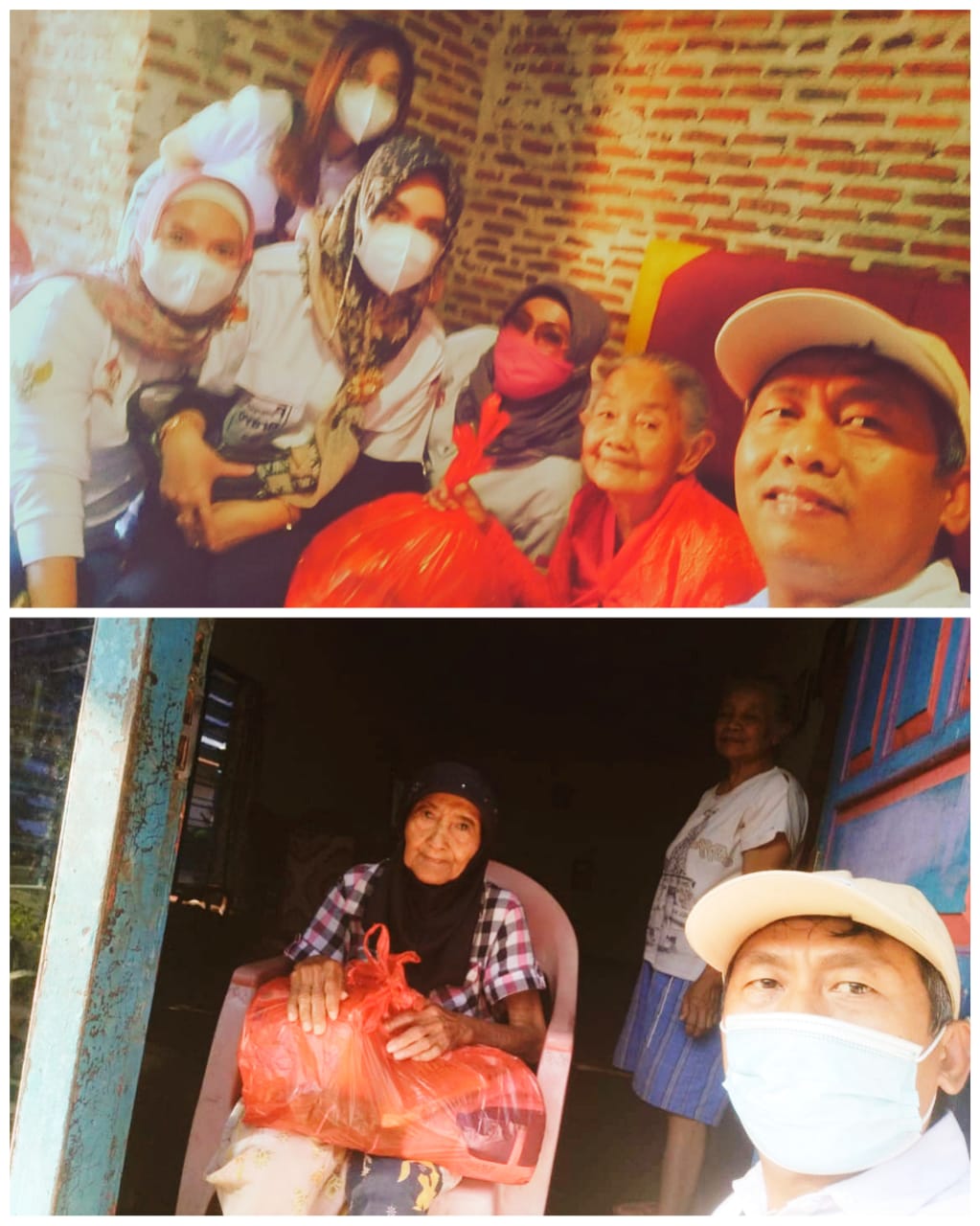 BAKSOS KEENAM DI KAMPUNG PELANGI -- Ekspresi bahagia Mbah Narti (94), kelayan salah satu warga bilangan Kampung Pelangi, Kelurahan Sukarame II, Telukbetung Barat, Bandarlampung, menerima paket sembako donasi program Ramadan Peduli Ramadan Berbagi 1442H DPD PBL Lampung, Sabtu petang (1/5/2021). | Kolase foto Collage Maker/DPD PBL Lampung