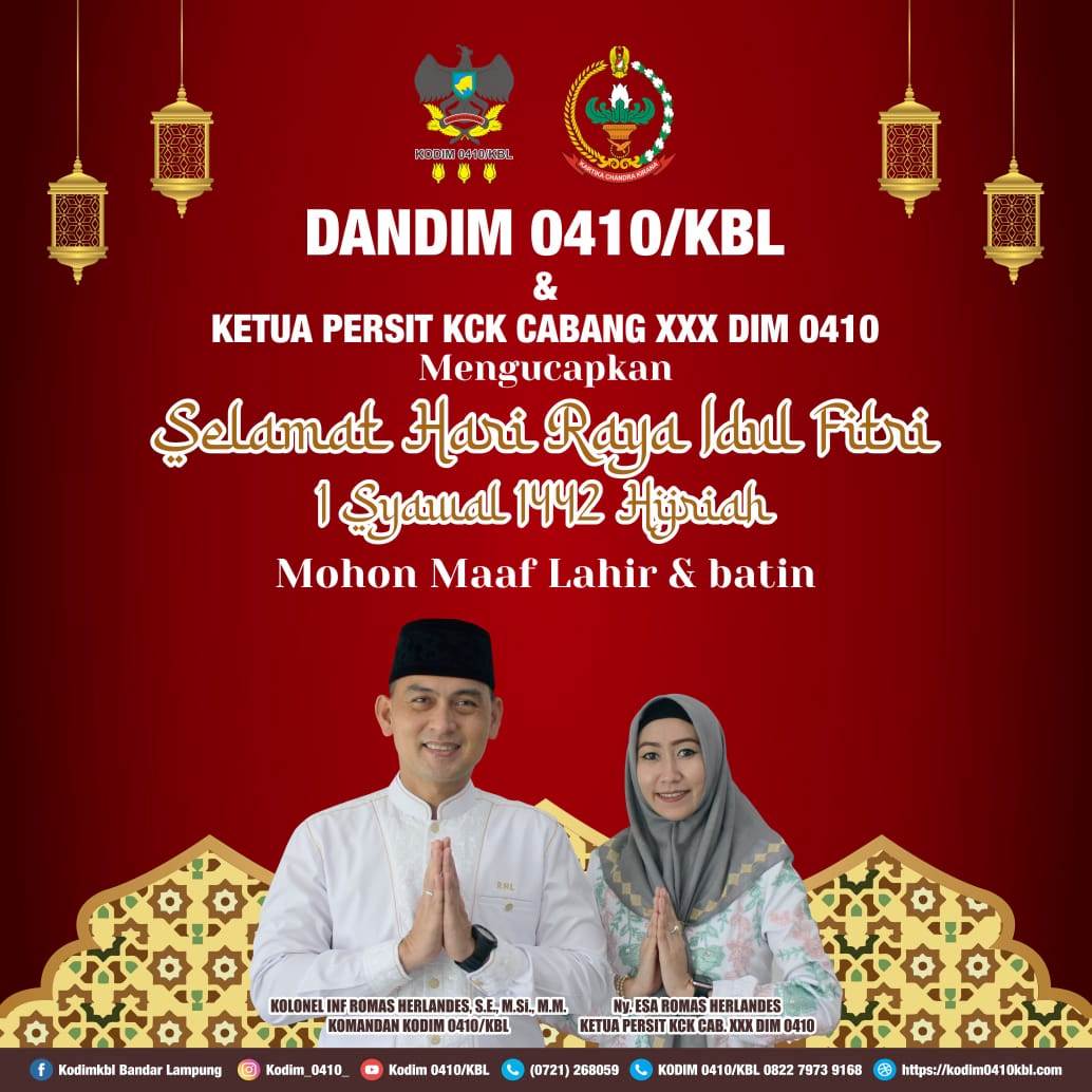 Dandim 0410/KBL dan Ketua Persit KCK Cabang XXX Selamat Hari Raya Idul Fitri 1442H/2021M