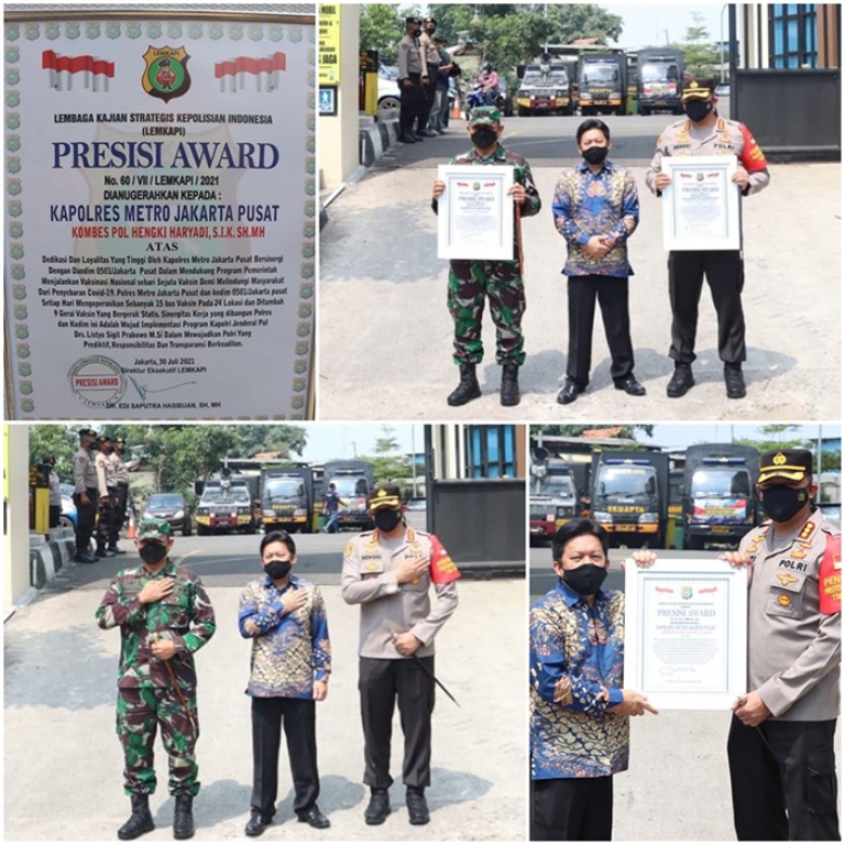 Sinergi Program Vaksinasi TNI-Polri Dandim 0501 dan Kapolres Metro Jakarta Pusat Raih Penghargaan Presisi Award
