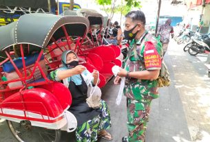 Babinsa Kelurahan Sudiroprajan Beri Himbauan Prokes dan Bagikan Masker di Pasar Tradisional