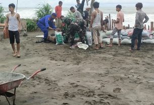 Antisipasi Banjir Rob, Babinsa Koramil 07/JP Bersama Warga Bergotong Royong Membuat Tanggul Pemecah Ombak