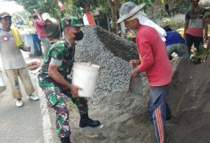 Terlihat Kompak, Babinsa dan Warga Gotong Royong Cor Jalan