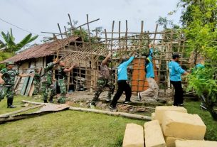 Bersama Warga Sambongrejo Sumberrejo, Babinsa Kodim Bojonegoro Gotong Royong bedah rumah Mbah Sarmi