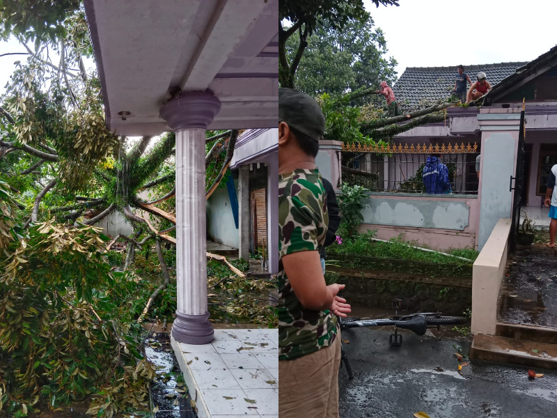 Babinsa dan Warga Evakuasi Pohon Tumbang yang Menimpa Rumah Warga