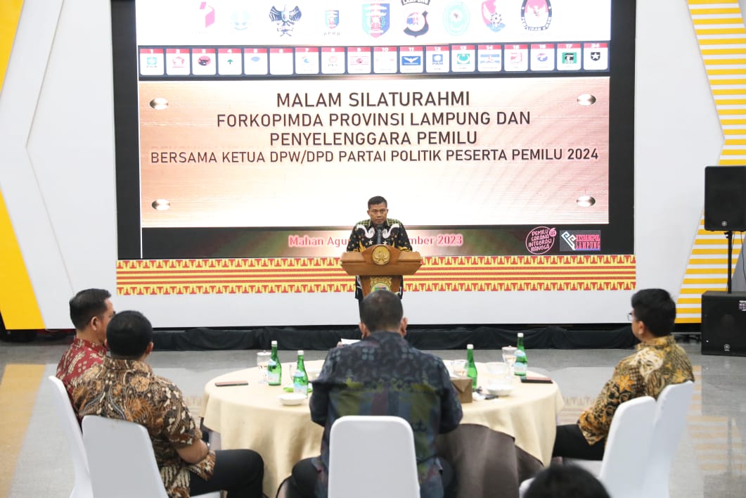 Silaturahmi Forkopimda Provinsi Lampung dengan Penyelenggara Pemilu dan Ketua Parpol, Gubernur Arinal Ajak Semua Pihak Sukseskan Pemilu dan Pilkada Serentak 2024 dengan Sejuk, Damai dan Kondusif