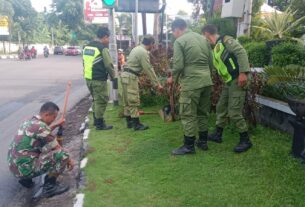 Antisipasi Penularan Wabah Penyakit, Babinsa Timuran Bersama Linmas Kerja Bakti Bersihkan Sampah