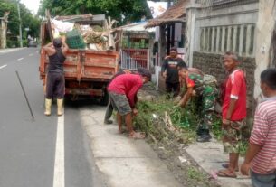 Tanpa Sungkan Dan Ragu, Babinsa Nusukan Bersama Tim Saberling Pungut Sampah Dan Rumput