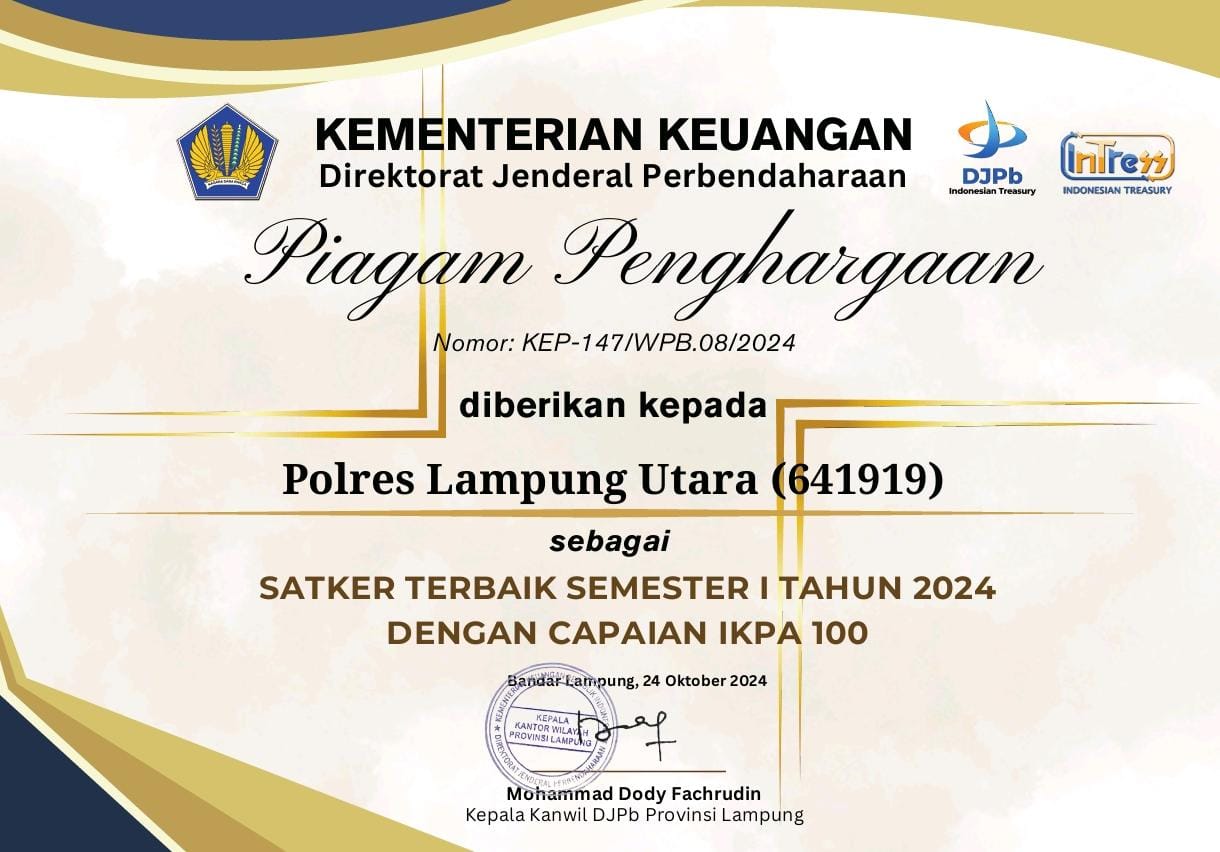 Polres Lampung Utara Terima Penghargaan Kementerian Keuangan