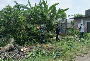 Semangat Pantang Kendur di Hari Libur, Babinsa Pajang Bersama Warga Bersihkan Lingkungan